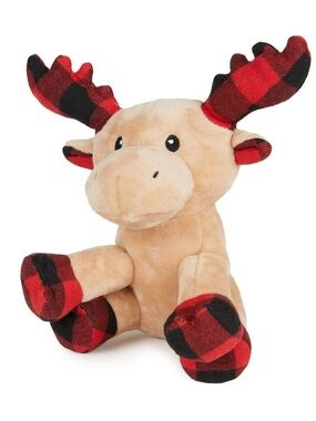 Plush Tan Moose Dog Toy with Red & Black Plaid Accents
